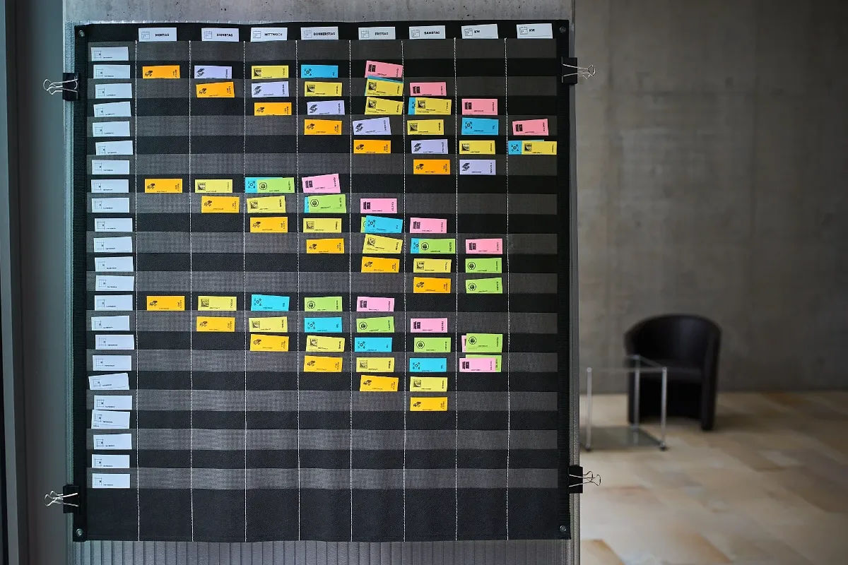Modulares Processboard mit farbigen Steckkarten an einer Stellwand für das Last Planner System in der Bauplanung.