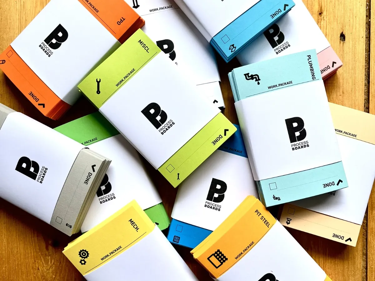 Sortiment an kontrastreichen Papierkarten für die Taktplanung optimiert für maximale Lesbarkeit an der Stecktafel.