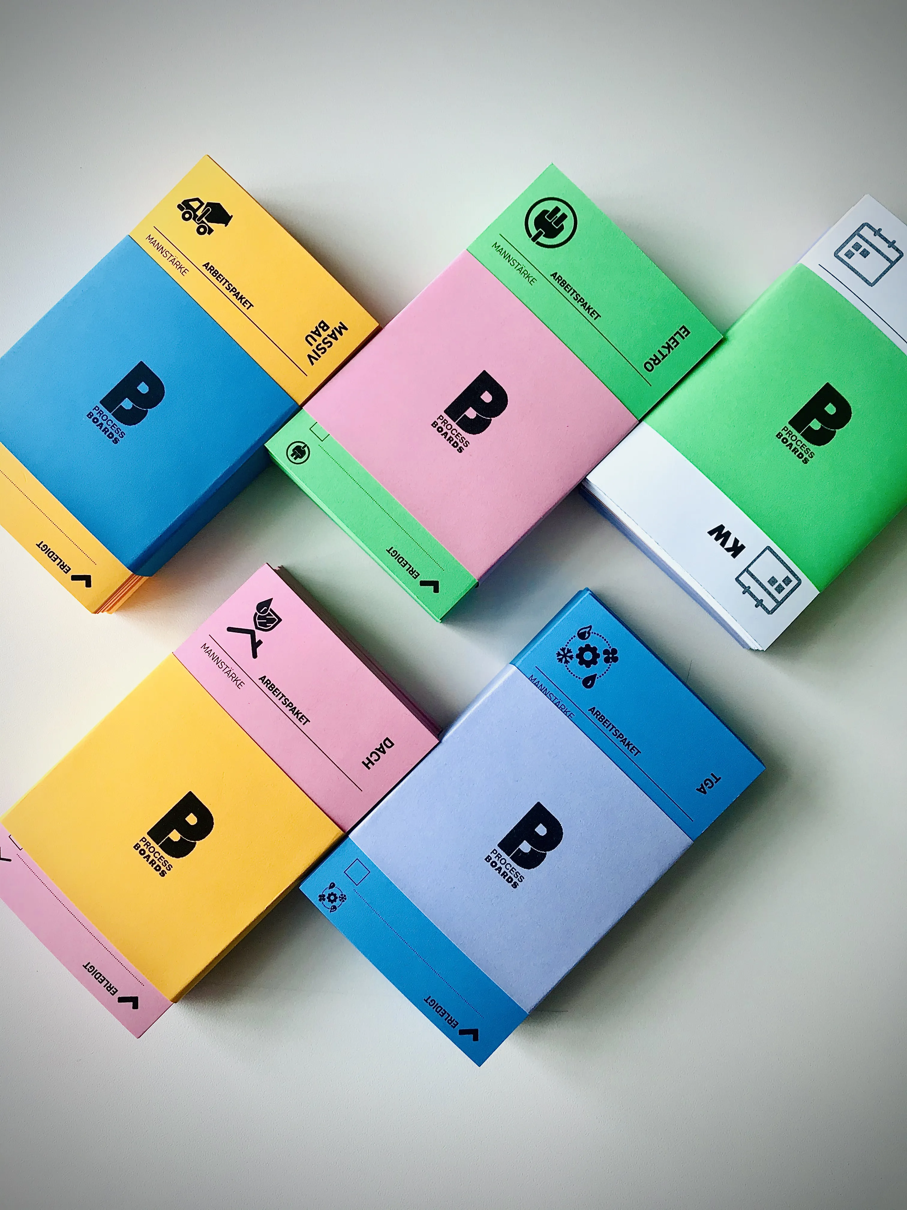 Mehrere Stapel von Processcards, Papierkarten in unterschiedlichen Farben und Layouts.